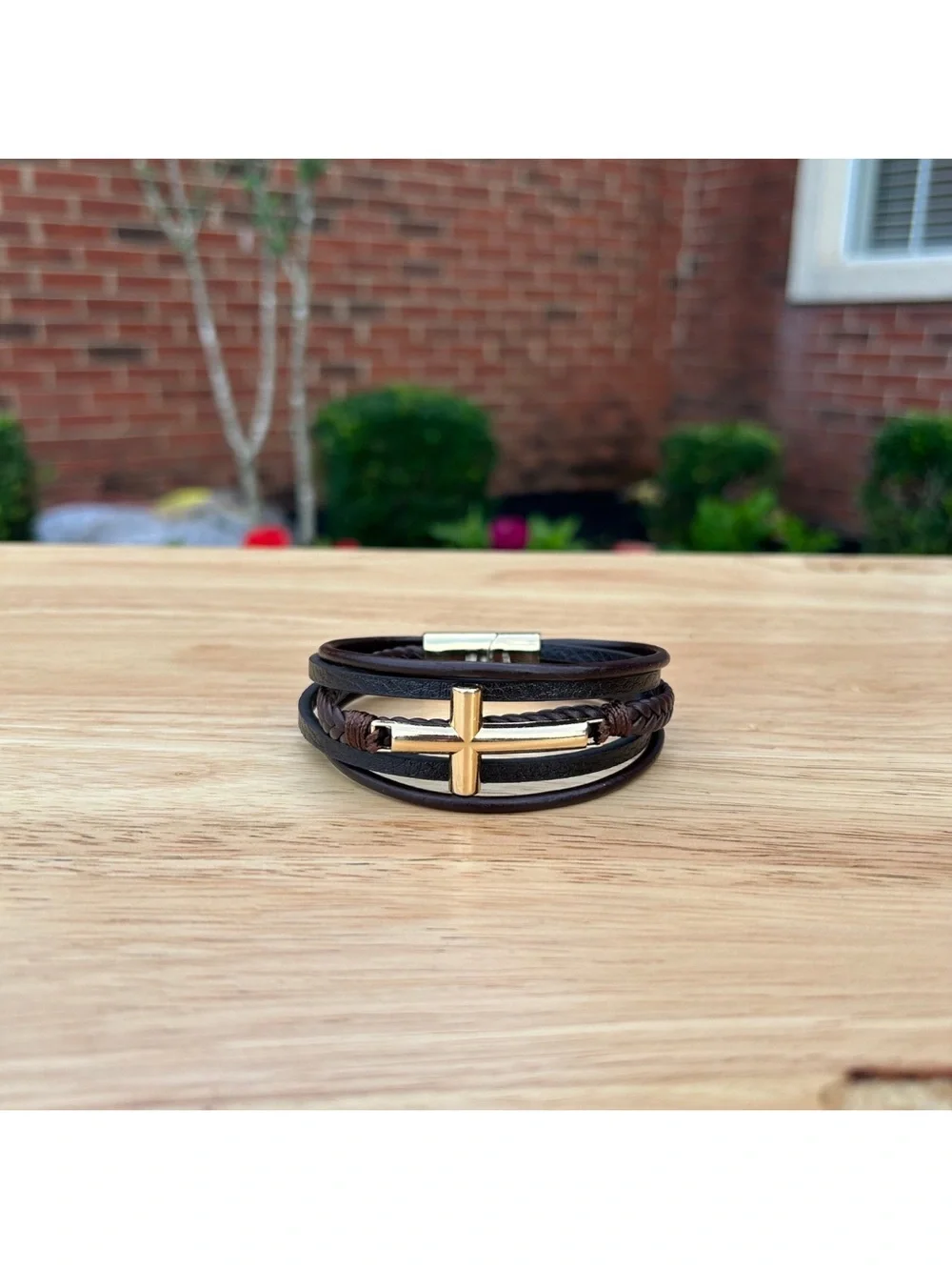 Leather Hand Woven Bracelet Men’s Brown Gold Cross Design Multi Layer BT6
